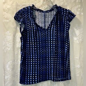 LOFT Blue and White Short Sleeve with V-Neck and Cap Sleeves